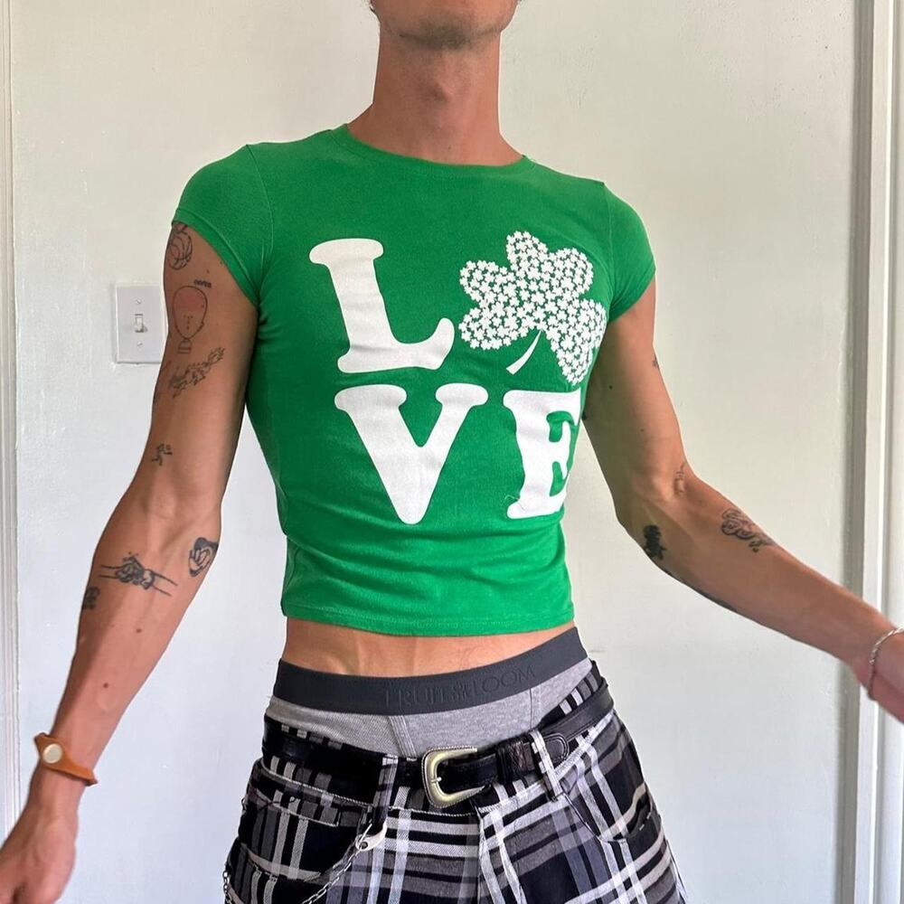 Vintage Y2K Glitter LOVE Shamrock Lucky Baby Doll Tee